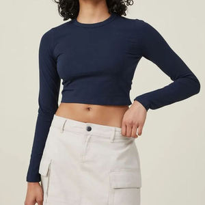 Women's Navy Blue Crop <b>Top</b> Short Sleeve Crew Neck Regular Fit Canvas Casual Solid Color Spring/Summer Wear Eco-Friendly Quick - Product Image 1