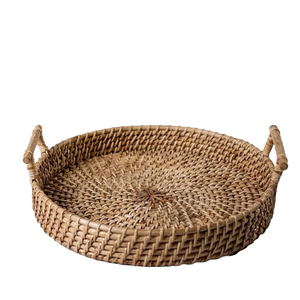 Wholesale Eco-Friendly Round Rattan Serving <b>Tray</b> With Handles Handwoven Wicker Food Display <b>Basket</b> For Bread Fruit Dessert Table - Product Image 1