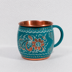 Mug artisanal en cuivre pur avec motif floral émaillé turquoise 350 ml, tasse à eau ayurvédique, tasse à café ou à thé, cadeau vintage fait main - Product Image 2
