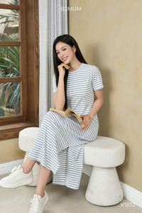 B2 MUM ชุดเดรสผ้าฝ้ายออร์แกนิกทรงเอลายทาง V1572 เป็นมิตรกับสิ่งแวดล้อม ระบายอากาศได้ดี เนื้อผ้านุ่มยืดหยุ่น ผ่าข้าง สำหรับฤดูร้อน ชุดคลุมท้อง - Product Image 6