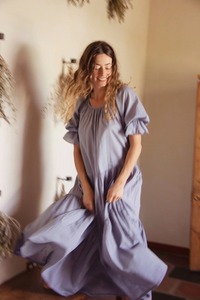 Robe courte à volants en coton pour femmes |   Robe longue ample style bohème |   Robe de soirée vintage anti-plis éco-responsable à épaules tombantes | - Product Image 3