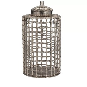 Midnight Muse Industrial <b>Metal</b> Tabletop Vase Handmade <b>Grid</b> Design Silver Finish - Product Image 1