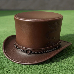 Premium quality custom made Handmade Brown Leather Top <b>Hat</b> Embossed Chain <b>Band</b> Gothic Steampunk Cosplay - Product Image 4