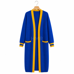 Cardigan en acrylique tricoté HMR Sisterhood Sorority bleu avec bordure jaune, ouvert sur le devant, manches longues, style décontracté, col rond - Product Image 5