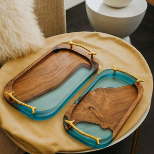 Premium Artisan Turquoise <b>Epoxy</b> Resin Walnut Wood Deep Serving Tray With Integrated Handles For Hotel Restaurant Kitchen Platter - Product Image 4