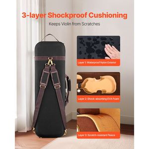 Estuche para violín de tamaño completo 4/4, bolsa de transporte portátil ligera para viajes, forro de felpa, bolsas para instrumentos musicales con protección para el hombro - Product Image 2