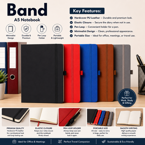 A5 Premium PU Leather Notebook Holder Sewing Binding Hard Pen Loop Ribbon <b>Bookmark</b> Lay-Flat Design 192 Inner Pages for School - Product Image 2