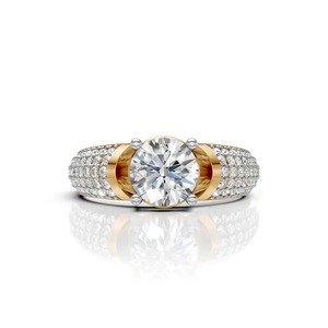 Diamond <b>Statement</b> <b>Ring</b> in 14K Yellow and White Gold Bold Men's Fine Jewelry Piece Featuring Central Round Brilliant Solitaire - Product Image 2