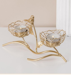 เชิงเทียนคู่ทรงสวยงามพร้อมนกน้อยนั่งอยู่บนกิ่งไม้ เสน่ห์แห่งทองคำสไตล์ชนบท พร้อมจำหน่ายในราคาขายส่ง - Product Image 1