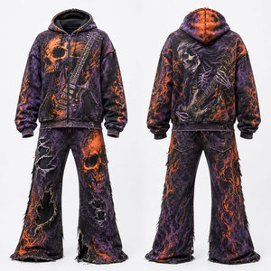 Men's Hooded Tracksuit Full Sleeve Acid Wash Rhinestone Printed Mountain Design Regular Fit Streetwear Wide Leg <b>Pants</b> Side - Product Image 1