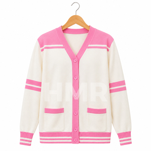 Cardigan en tricot contrasté blanc et rose HMR Sisterhood, manches longues, col en V, style preppy, boutons sur le devant, coupe classique - Product Image 5