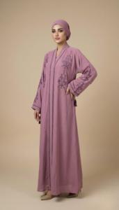 Purple Embroidered Dubai <b>Abaya</b> With Long Sleeves Floor Length Modest Dress For Women Round Neck Cotton Loose Fit Daily Wear - Product Image 1