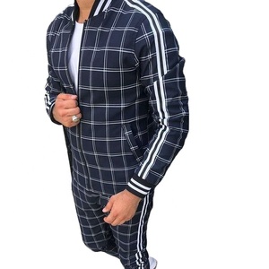 Custom Made Men's Check Print Sublimated Bomber <b>Jacket</b> Track Suit Zip Enclosure Ribbed Hem & Cuffs Striped Zipper Sweat Suit - Product Image 1