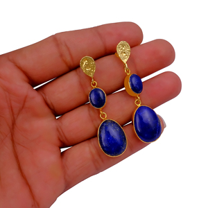 Boucles d'oreilles pendantes en lapis-lazuli naturel, plaquées or, faites à la main, pierres précieuses, bijoux bohèmes pour femmes, vente en gros - Product Image 2