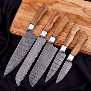 LEGACY BLADES Best Selling Damascus <b>Knife</b> <b>Set</b> 5 Piece Wooden Handle Hand Forged Kitchen Chef <b>Knives</b> with Leather Roll Bag - Product Image 1