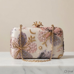 Pochette élégante en soie perlée avec broderie florale, bandoulière chaîne, faite main, pour soirée, fermeture éclair - Product Image 3
