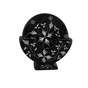 Black Marble Inlay <b>Round</b> Coaster Set Handmade Stone Coasters with 10mm Thick Matching Holder Luxury Home Decor - Product Image 1