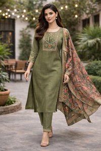 Ensemble Kurti pour femmes très tendance, vert olive, manches 3/4, coton et soie, entièrement cousu, pour les occasions régulières et les occasions festives - Product Image 2