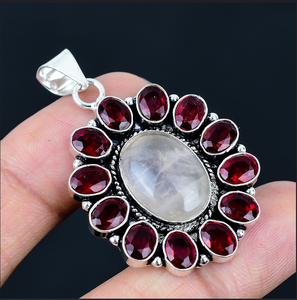 <b>Rose</b> Quartz, Garnet Gemstone Flower Pendant, Floral Necklace, women's jewellery, Handmade Jewelry - Product Image 2