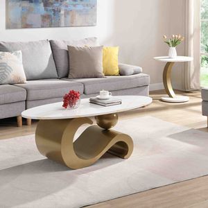 Modern <b>Nesting</b> Coffee <b>Table</b> Set of 2 Golden Oval and Round End <b>Tables</b> for Living Room - Product Image 3