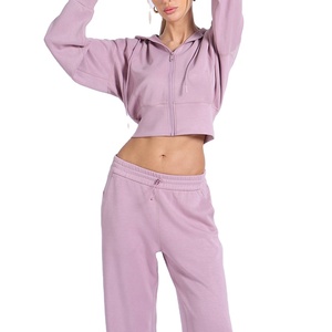 Women Hoodie Zip-Up Top Flared Pants Streetwear 100% Cotton Plus Size Gym Wear Set For Women - Product Image 1