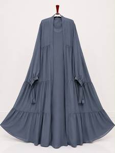 Élégante Abaya bleu marine en satin faite à la main, col châle, manches longues, longueur ras du sol, modeste, infroissable, avec ourlet plissé, pour femme, usage quotidien - Product Image 1