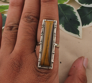 Bague de luxe en œil de tigre naturel, argent sterling 925, grande pierre, signet, classique, pour femme, mariage, artisanale, turque, haute joaillerie - Product Image 1