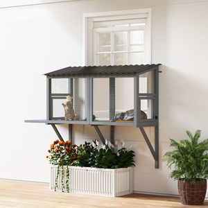 Enclos extérieur pour chat en bois gris avec fenêtre, perchoir et plateforme de saut, sûr pour que votre animal profite des vues extérieures - Product Image 1