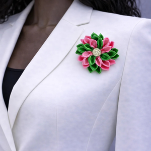 Pink and Green Flower <b>Brooch</b> Elegant Floral Lapel <b>Pin</b> Accessory for Women Fashion Decoration with Premium Fabric - Product Image 1