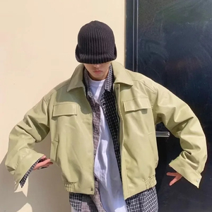 Unisex Beige PU Leather Eco-friendly Bomber <b>Jacket</b> Zipper Closure Front Workwear Turn-down Collar Loose Fit <b>Short</b> Regular <b>Sleeve</b> - Product Image 5