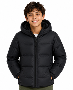 Boys Black Hooded Puffer Winter Jacket Insulated <b>Quilted</b> Warm Zip-Up Coat Lightweight Water Resistant Cold Weather Outerwear - Product Image 1