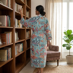 ชุดกิโมโนผ้าฝ้ายลายดอกสีครามพรีเมียมสำหรับผู้หญิง |   ชุดคลุมอาบน้ำพิมพ์ลายด้วยมือพร้อมกระเป๋า |   ชุดนอนแขนยาวคอวี - Product Image 6