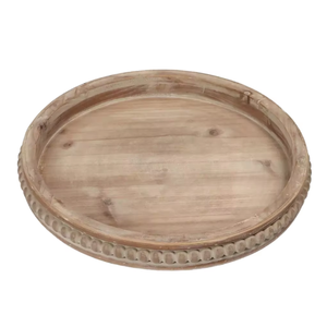Plateau de service rond en bois rustique avec bord sculpté, plateau décoratif en bois naturel pour table basse, salle à manger, cuisine, ottoman, présentation de nourriture - Product Image 3