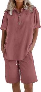 Ensemble de détente 1 pièce en coton tricoté pour femme, haut long et short, tenue décontractée pour la maison, vente directe usine - Product Image 2