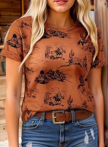 Camisetas de Verano para Mujer, Manga Corta, Cuello Redondo, Estampado Occidental, Estilo Casual y Lindo, Ropa 2026 - Product Image 3