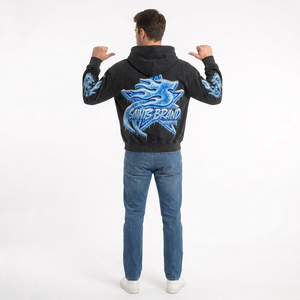 Sweat à capuche oversize pour homme en coton 100% tricoté, délavé à l'acide, imprimé flamme noire, style streetwear, pour l'hiver - Product Image 4