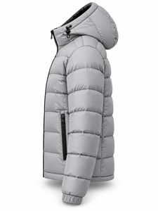 Men's Gray Hooded Puffer <b>Jacket</b> Windproof Zipper Closure Polyester Filling Winter <b>Casual</b> Coat - Product Image 3