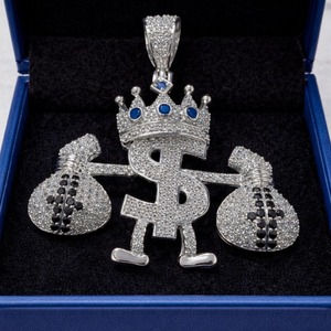 จี้รูปสัญลักษณ์ดอลลาร์ประดับเพชรแบบ Iced Out พร้อมมงกุฎและถุงเงิน โมอิสซาไนต์ เงินแท้ 925 ชุบโรเดียม สไตล์ฮิปฮอป เครื่องประดับผู้ชาย - Product Image 4