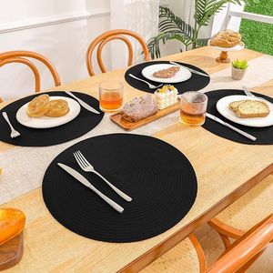Round Braided 15-Inch <b>Table</b> <b>Mats</b> Set 6 Heavy Duty Cotton Polyester Place <b>Mats</b> Black-Washable and Heat Resistant - Product Image 4