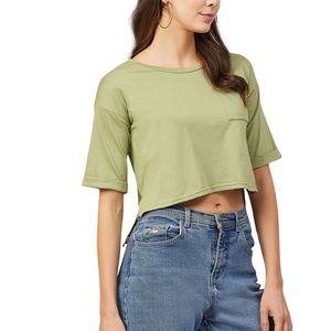 เสื้อยืดครอปโอเวอร์ไซส์ผู้หญิง ผ้าฝ้ายทรงหลวม แขนครึ่งตัว มีกระเป๋า เสื้อครอปขายส่ง รับผลิตแบบ OEM - Product Image 4