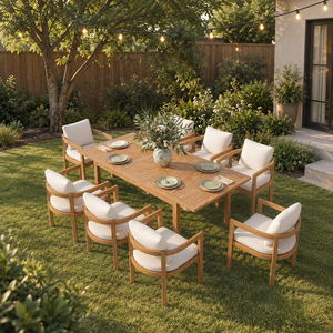 Ensemble de table à manger d'extérieur en teck moderne avec 8 fauteuils à accoudoirs courbés - Product Image 1