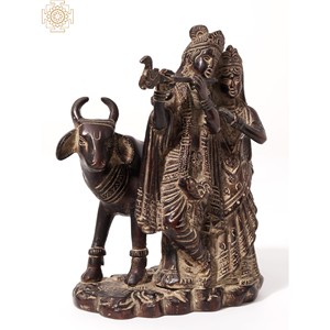 Statue en laiton de 6 pouces faite à la main de Radha Krishna et article de décoration indienne de vache - Product Image 4
