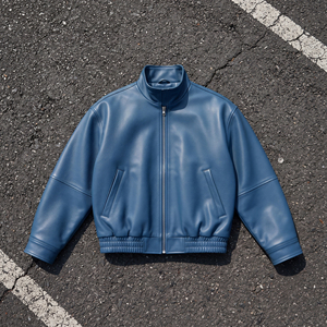 Chaqueta de Cuero PU Estilo Bomber con Cuello Alto, Cierre de Cremallera Personalizado, Estilo Motero, Corte Regular, para Otoño - Product Image 1