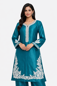 Women <b>Silk</b> <b>Kurta</b> With White Embroidery Loose Fit Midi Length Traditional Indian Pakistani Casual Wear - Product Image 1