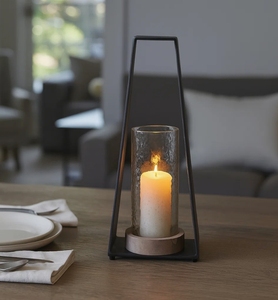 Tall Black Metal Frame <b>Hurricane</b> Candle Holder with Wood Base & Glass Cylinder - Modern Floor <b>Lantern</b> for Pillar Candles Home De - Product Image 3