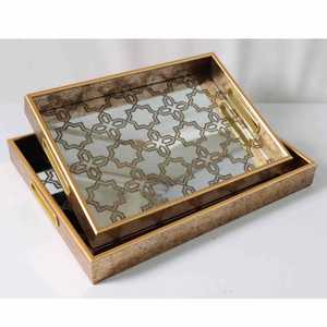 <b>Rectangular</b> Wooden Tray With <b>Mirror</b> Inlay <b>Gold</b> Frame Handmade Antique Style Tabletop Wood Crafts, Wooden Boxes, & Wall Signs - Product Image 1