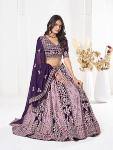 <b>Women</b>’s Purple Georgette Lehenga Choli Set with Heavy Chain Stitch Embroidery, Designer Wedding and Festive <b>Wear</b> with Matching D - Product Image 3