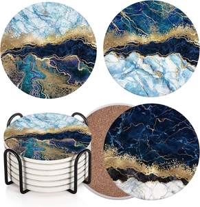 Blue Marble Golden Stone Table Absorbent Round Ceramic <b>Coasters</b> with Cork Base Metal Holder Luxury Marble Pattern <b>Drink</b> - Product Image 1