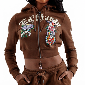 Sweat-shirt à capuche marron pour femme, coupe classique, imprimé lettres, fermeture éclair frontale, manches longues, tricoté, imperméable, écologique, décontracté pour l'automne - Product Image 1
