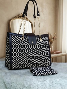 Women Solid Woven Jacquard Canvas Tote Bag Set Vegan Leather Trim Chain <b>Strap</b> Shoulder Bag Matching Pouch Vintage Bohemian Daily - Product Image 3